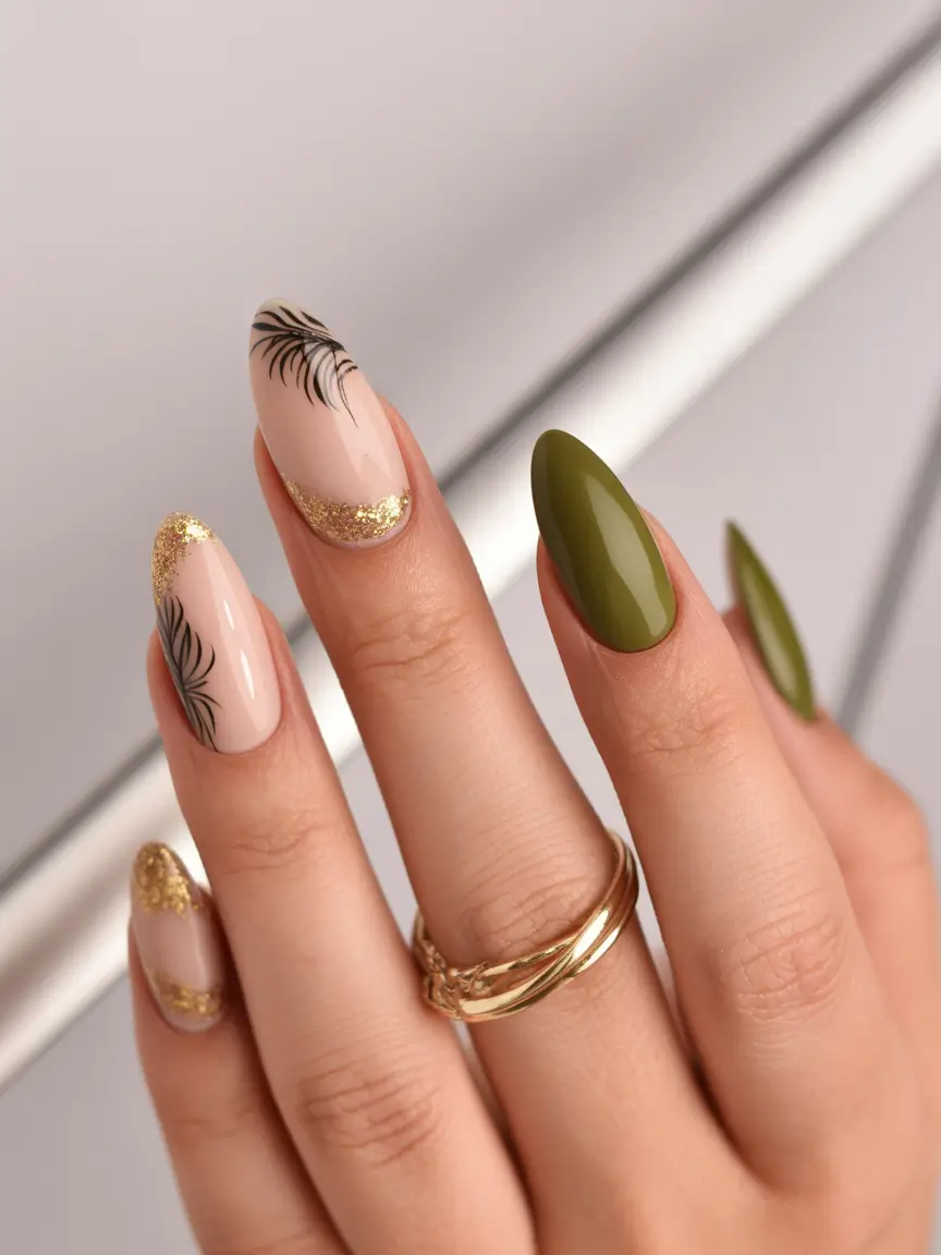 Trendy Fall Almond Nails 2025 Olive Green with Golden Botanical Tips
