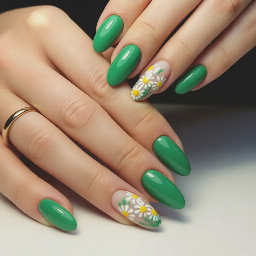 Trendy Fall Almond Nails 2025 Fresh Green with Daisy Florals