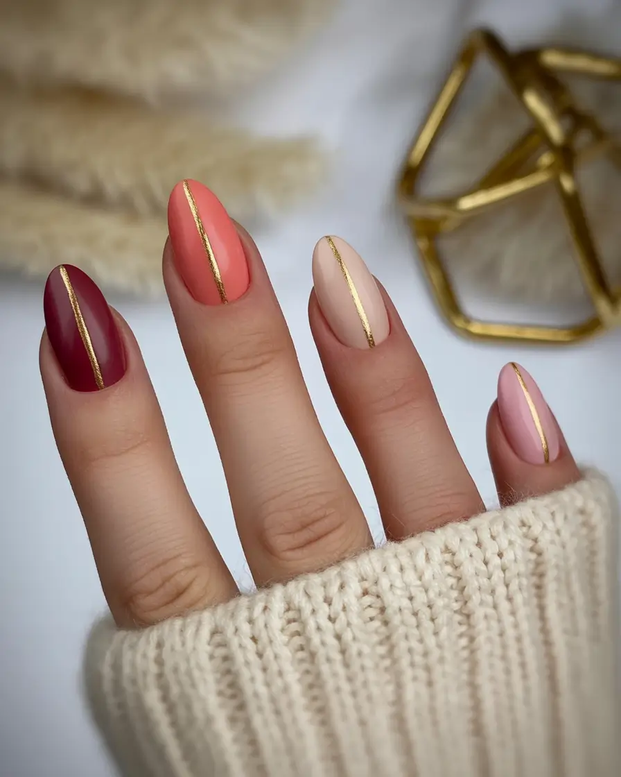 Trendy Fall Almond Nails 2025 Gradient Neutrals with Golden Stripes