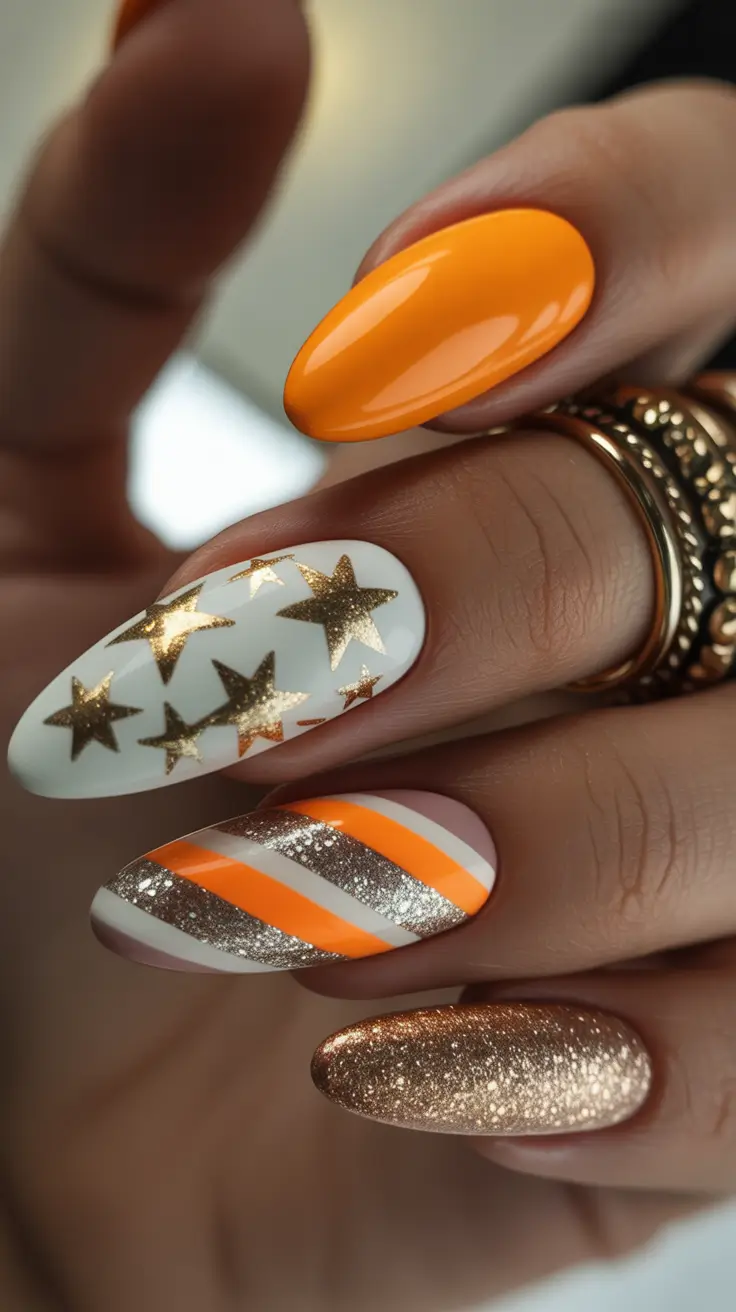 Trendy Fall Almond Nails 2025 Golden Stars and Orange Sparkle