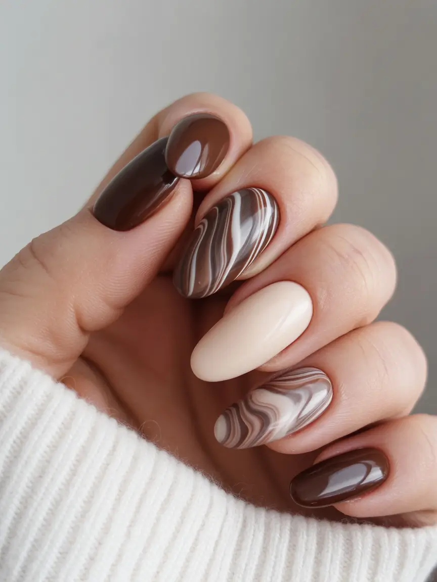 Trendy Fall Almond Nails 2025 Chocolate Marble Flow