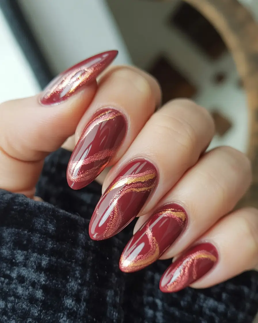 Trendy Fall Almond Nails 2025 Burgundy Fire Glow