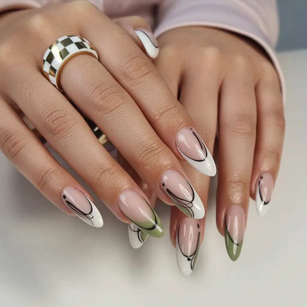 Trendy Fall Almond Nails 2025 Modern French Twist in White and Olive