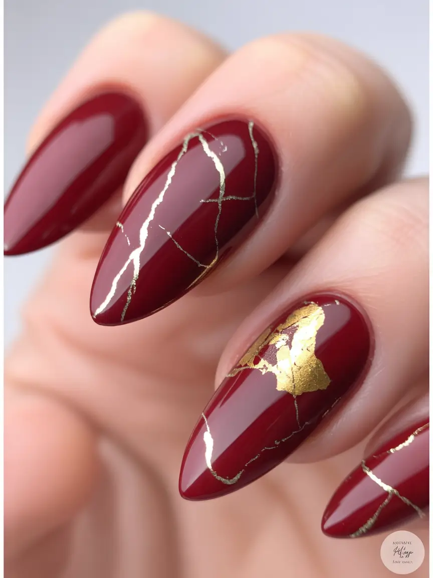 Trendy Fall Almond Nails 2025 Kintsugi Crimson