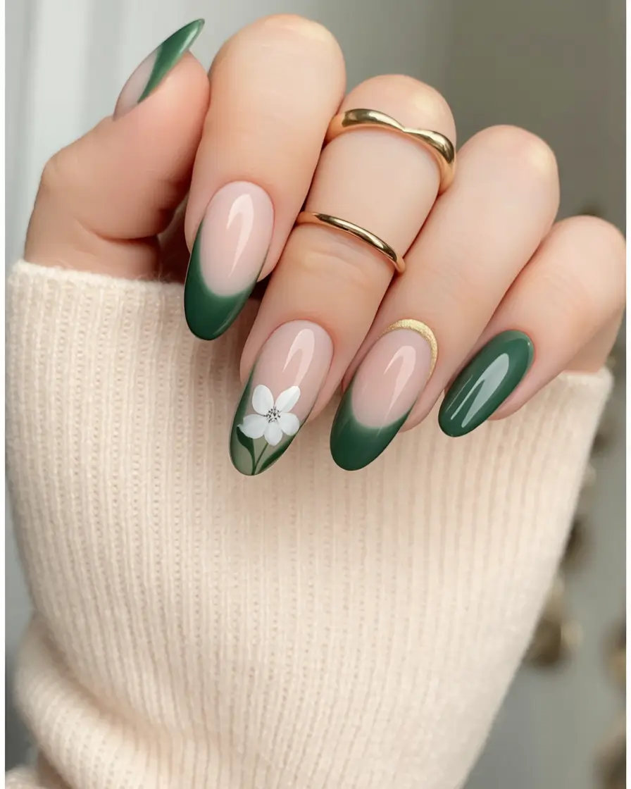 Trendy Fall Almond Nails 2025 Emerald French Bloom