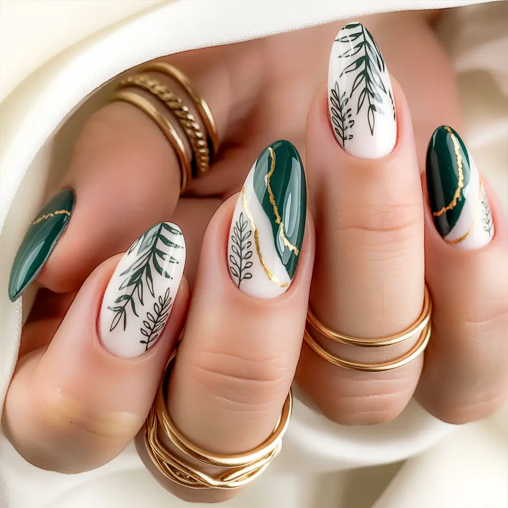 Trendy Fall Almond Nails 2025 Forest Gold Elegance