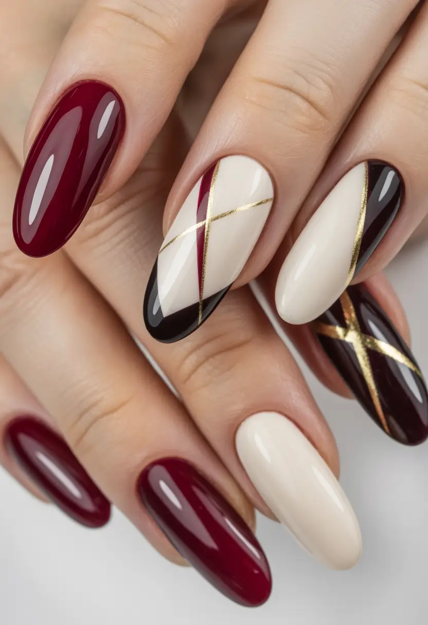 Trendy Fall Almond Nails 2025 Burgundy & Ivory Chic