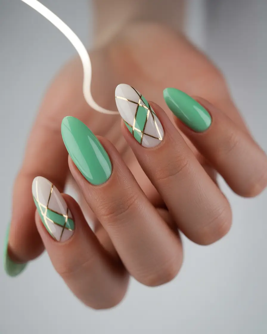 Trendy Fall Almond Nails 2025 Minted Plaid Accent