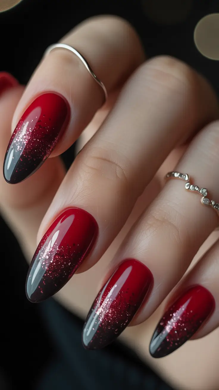 Trendy Fall Almond Nails 2025 Ombre Burgundy and Black Sparkle