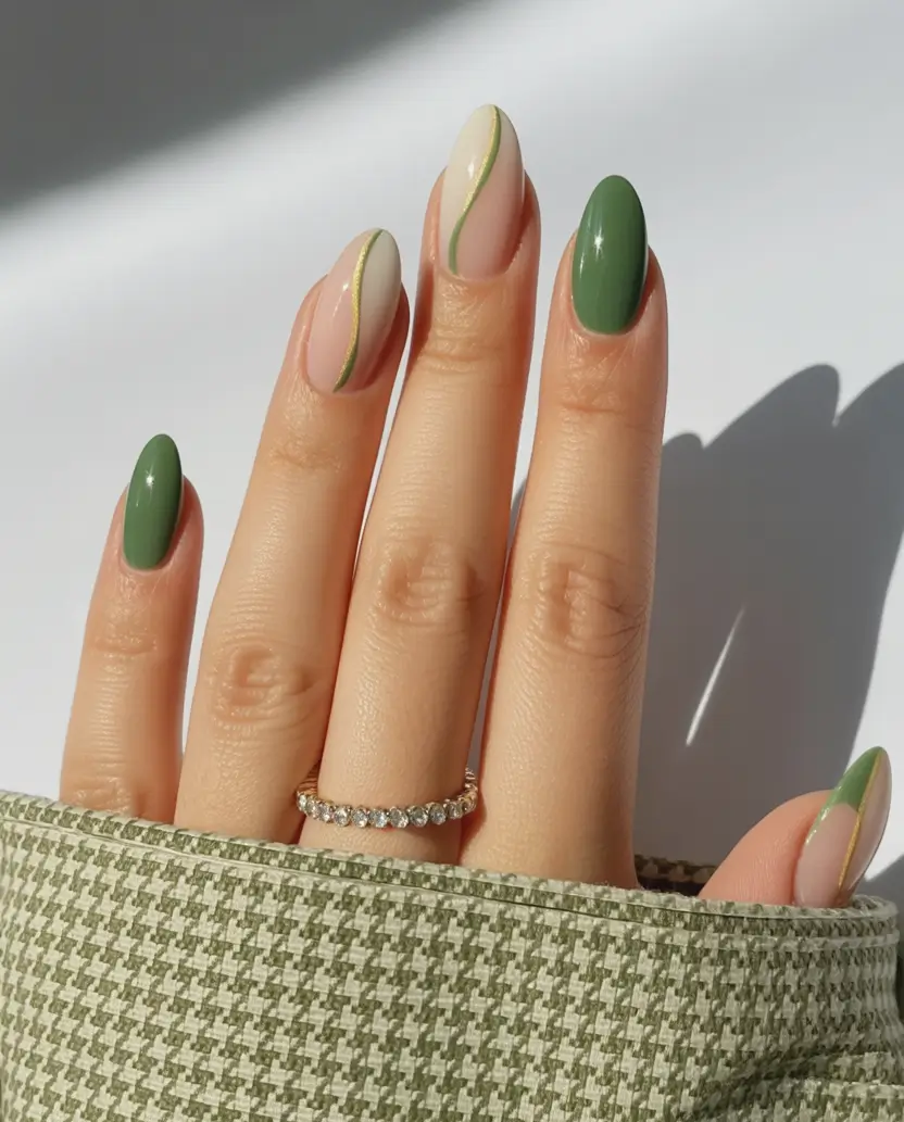 Trendy Fall Almond Nails 2025 Olive Green with Minimalist Gold Lines