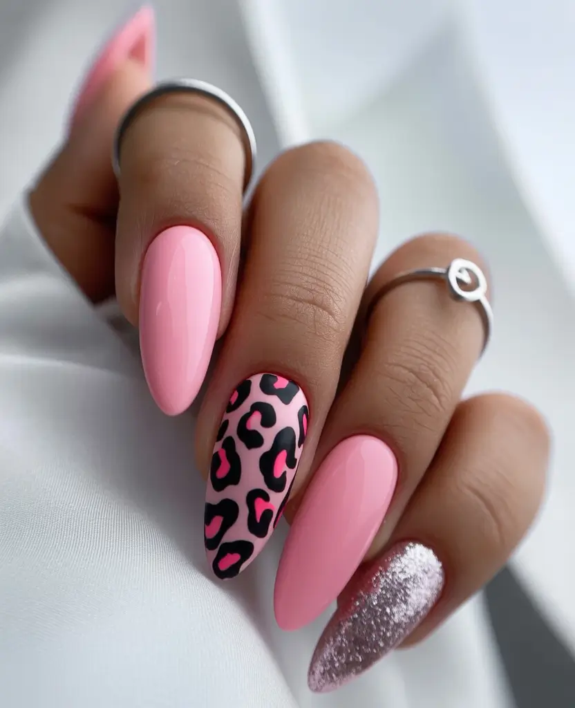 Trendy Fall Almond Nails 2025 Playful Pink with Leopard and Glitter