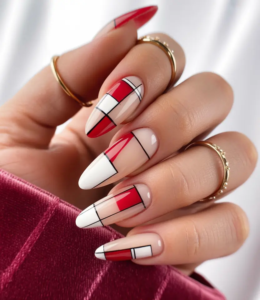 Trendy Fall Almond Nails 2025 Graphic Red and White Geometric Design