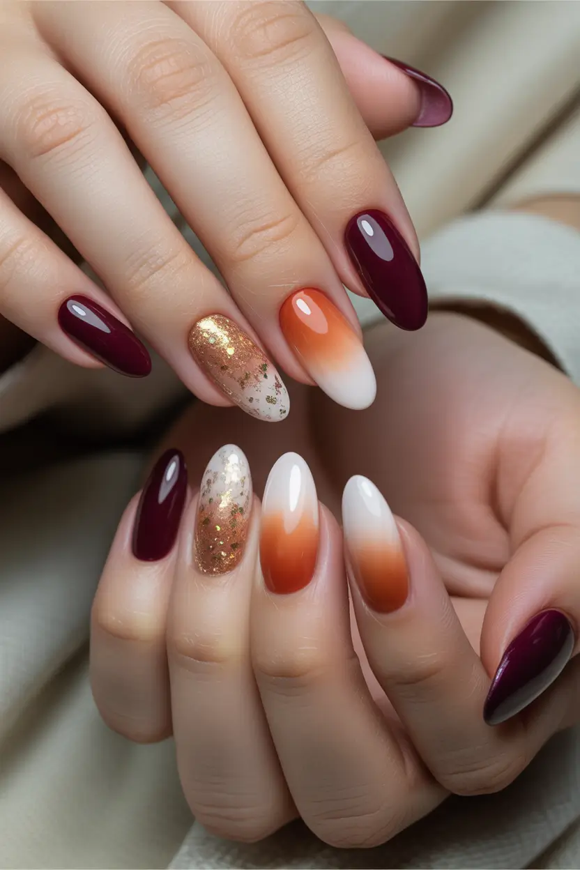 Trendy Fall Almond Nails 2025 Autumn Ombre with Gold Foil