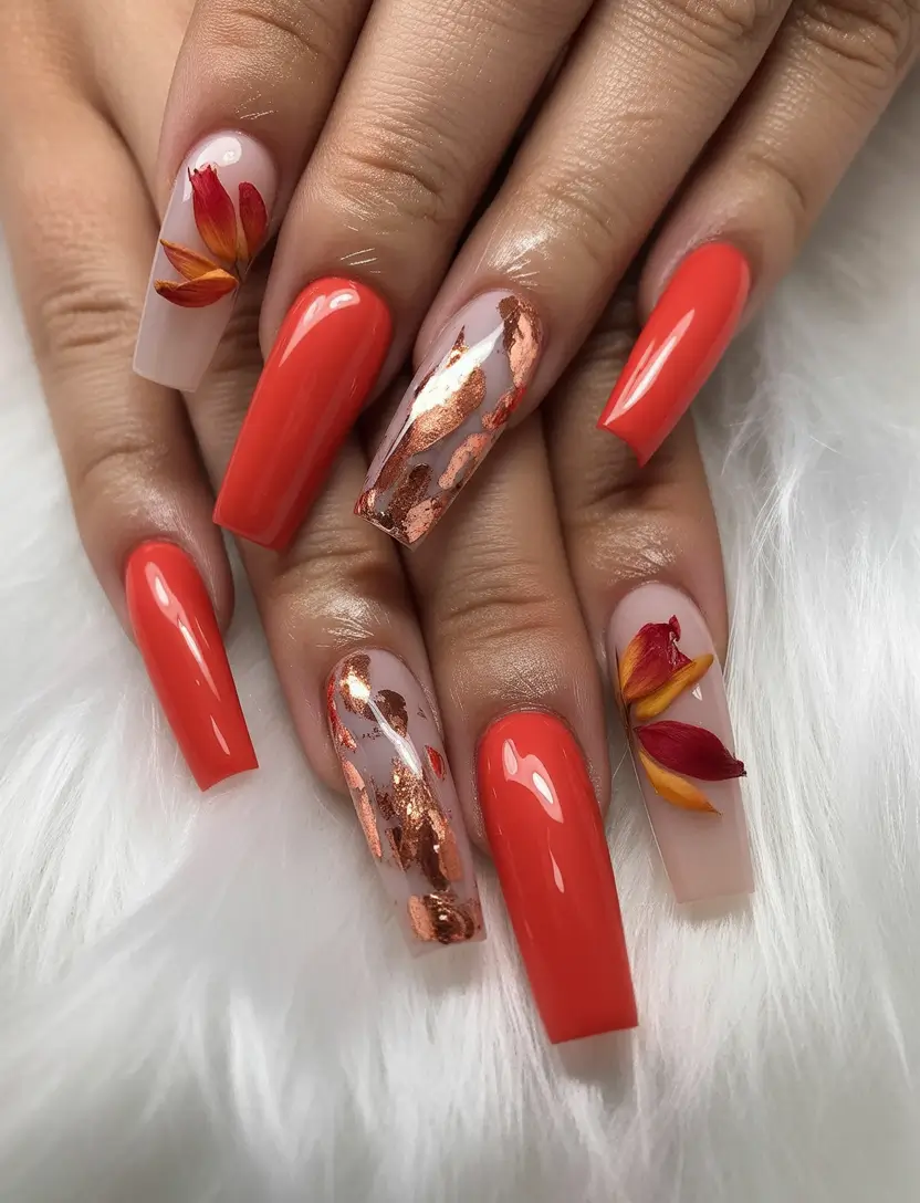 Trendy Fall Ballerina Nails 2025 Copper Foil and Petal Accents