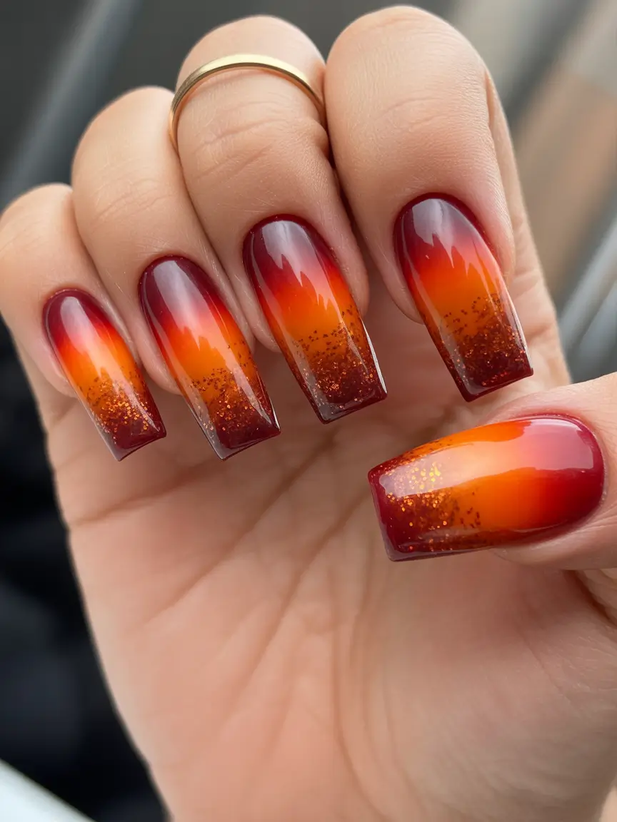 Trendy Fall Ballerina Nails 2025 Fiery Ombre Glow