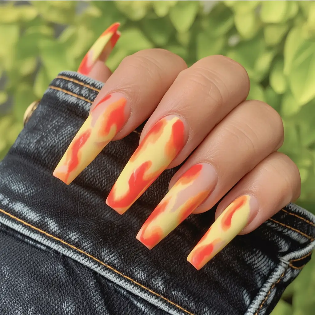 Trendy Fall Ballerina Nails 2025 Sunset Flame Swirls