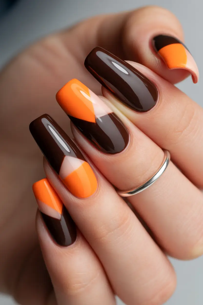 Trendy Fall Ballerina Nails 2025 Chocolate and Orange Geometry