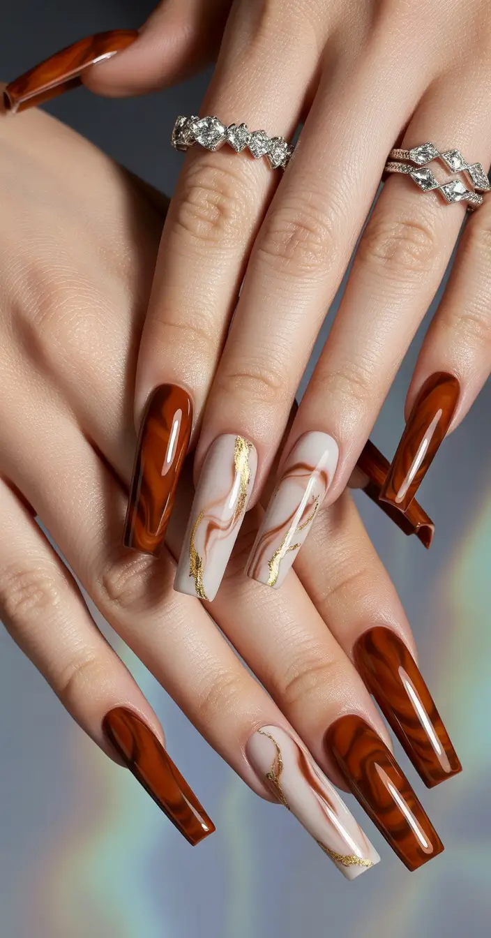 Trendy Fall Ballerina Nails 2025 Chocolate Marble with Golden Veins