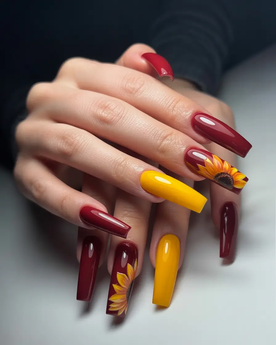 Trendy Fall Ballerina Nails 2025 Sunflower Charm on Burgundy & Yellow