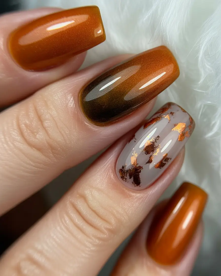 Trendy Fall Ballerina Nails 2025 Burnt Orange with Metallic Leaf