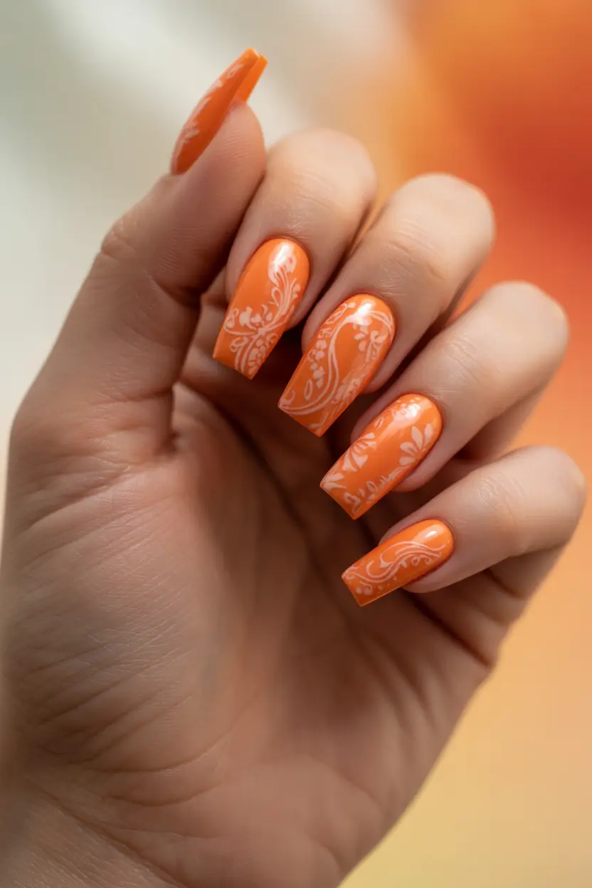 Trendy Fall Ballerina Nails 2025 Playful Orange Paisley