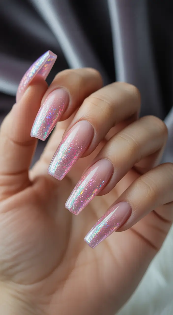 Trendy Fall Ballerina Nails 2025 Pink Iridescent Glow