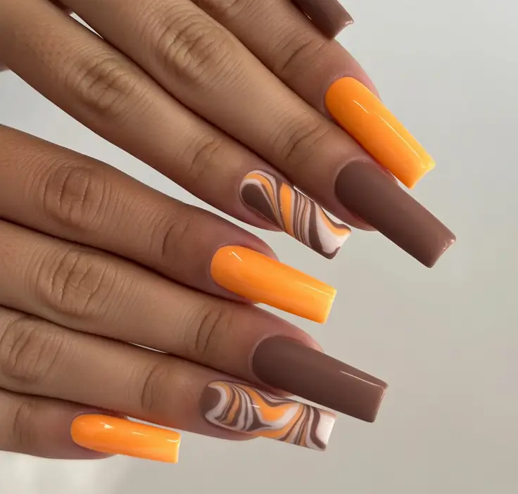 Trendy Fall Ballerina Nails 2025 Brown & Yellow Swirls