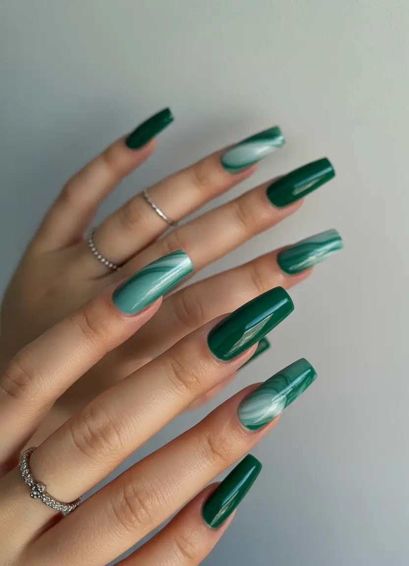 Trendy Fall Ballerina Nails 2025 Emerald Green Marble