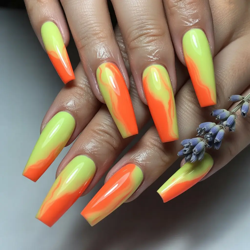 Trendy Fall Ballerina Nails 2025 Neon Citrus Fade