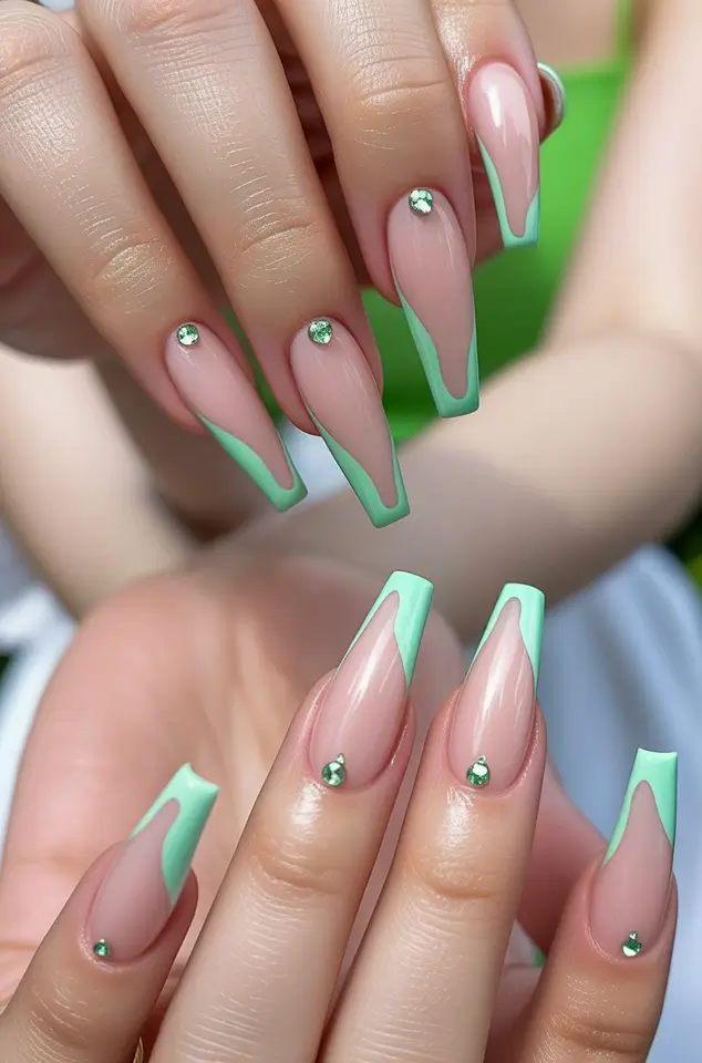 Trendy Fall Ballerina Nails 2025 Minty French with Crystals