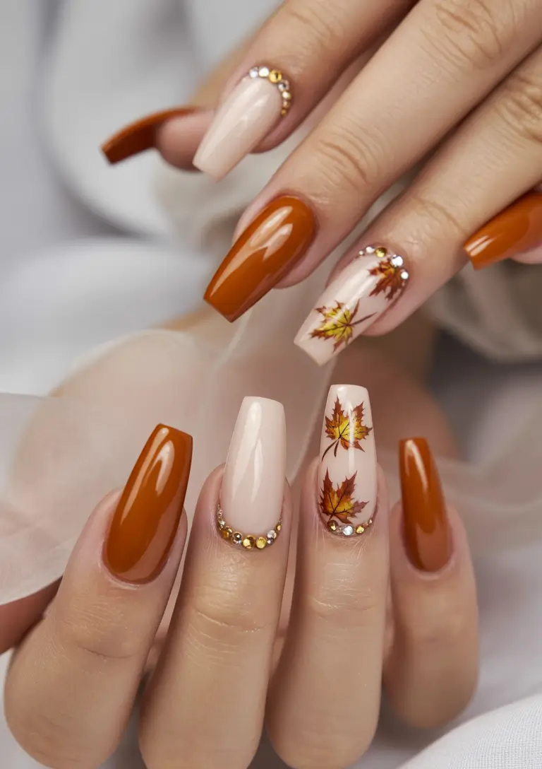 Trendy Fall Ballerina Nails 2025 Maple Leaf Glam
