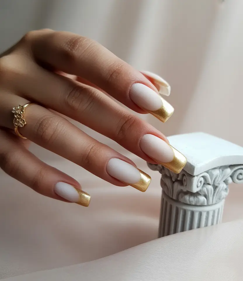 Trendy Fall Ballerina Nails 2025 Matte White with Golden Tips