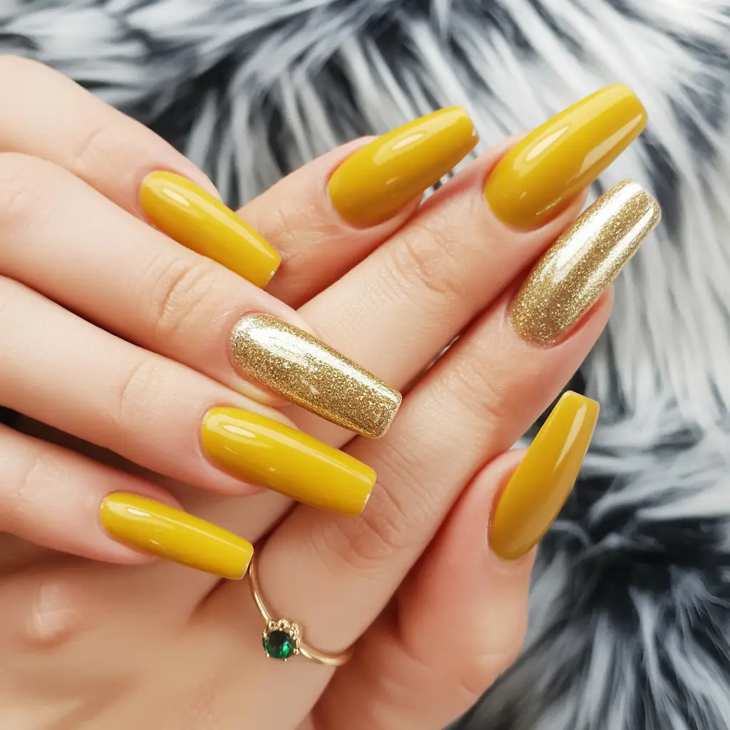 Trendy Fall Ballerina Nails 2025 Golden Mustard Glam