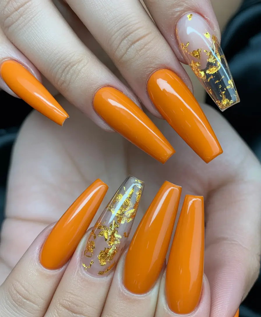 Trendy Fall Ballerina Nails 2025 Orange with Gold Foil Accent