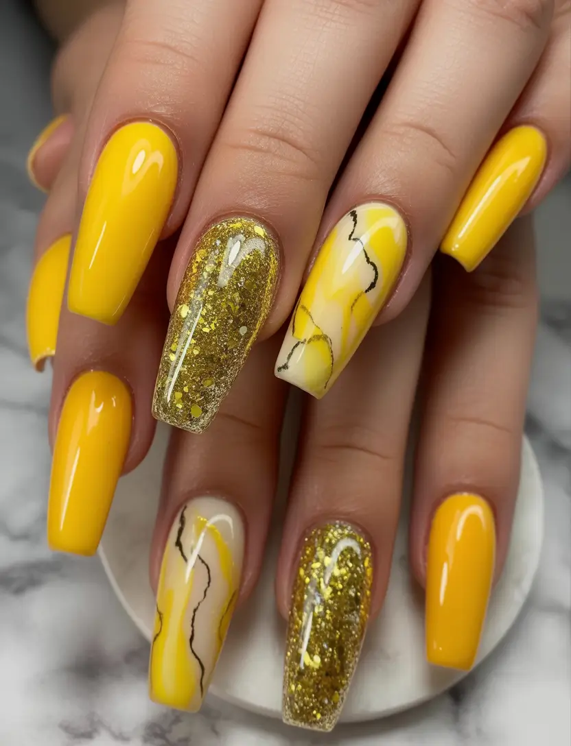 Trendy Fall Ballerina Nails 2025 Golden Yellow Glamour