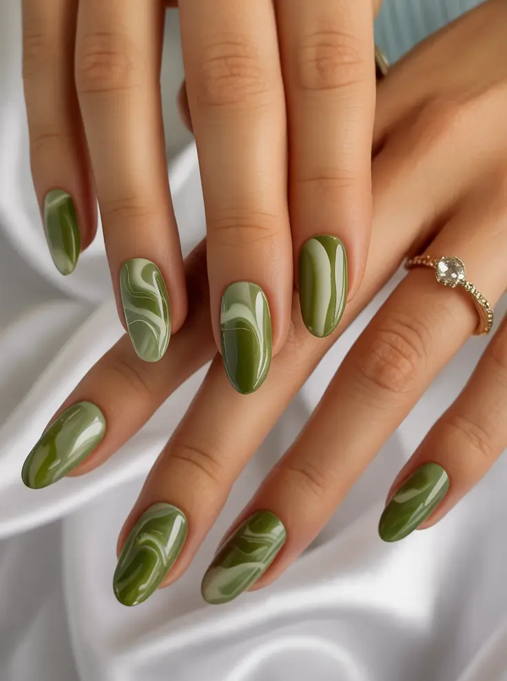 Trendy Fall Green Nail Designs 2025 Olive Marble Swirl Elegance