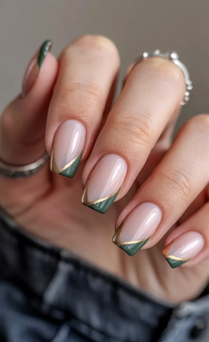 Trendy Fall Green Nail Designs 2025 Diagonal Gold-Trimmed Tips