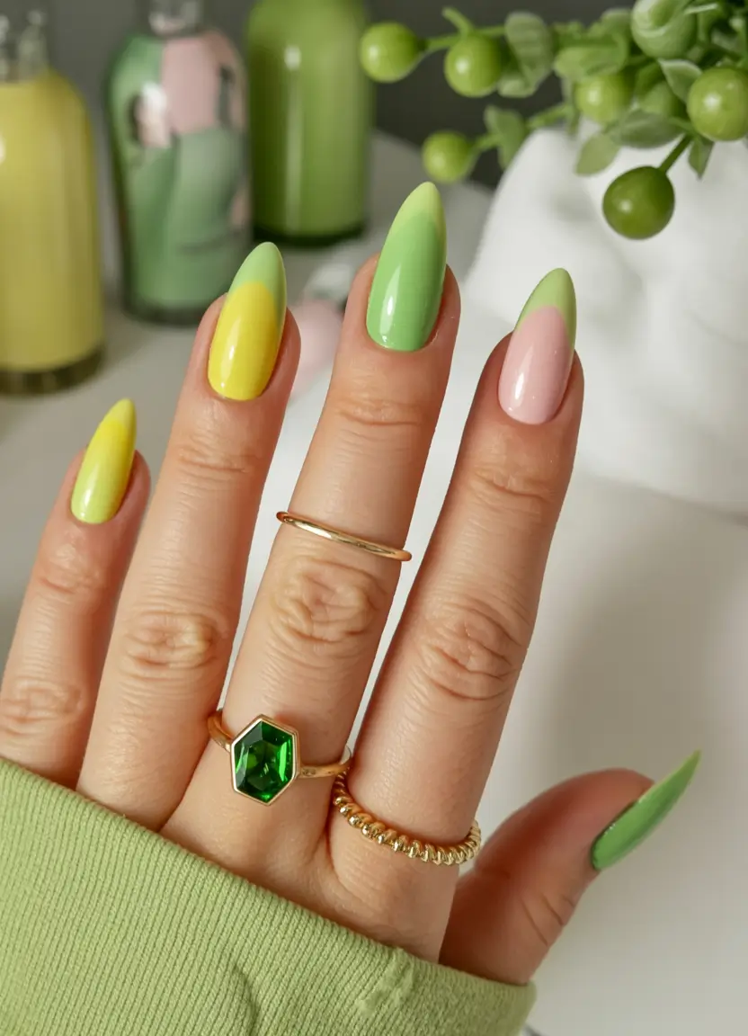 Trendy Fall Green Nail Designs 2025 Yellow-Green Gradient Almond