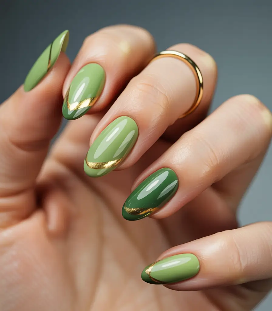 Trendy Fall Green Nail Designs 2025 Gold Ribbon Two-Tone