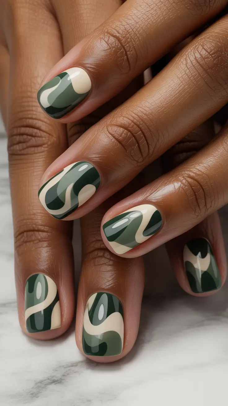 Trendy Fall Green Nail Designs 2025 Earthy Swirl Camouflage