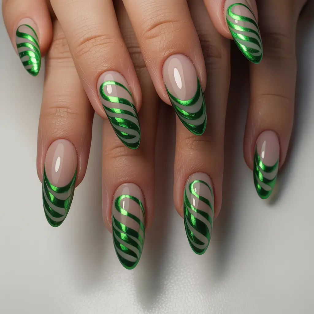 Trendy Fall Green Nail Designs 2025 Chrome Green Stripes