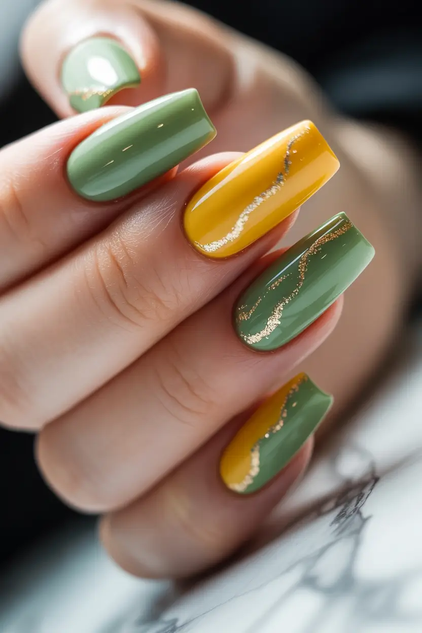 Trendy Fall Green Nail Designs 2025 Golden Olive Accent