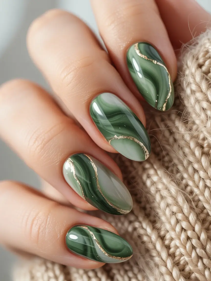 Trendy Fall Green Nail Designs 2025 Green Marble Glow