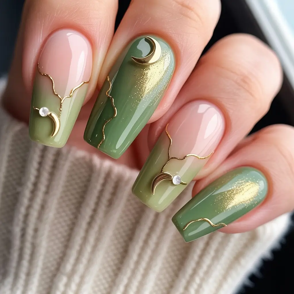 Trendy Fall Green Nail Designs 2025 Celestial Green Magic