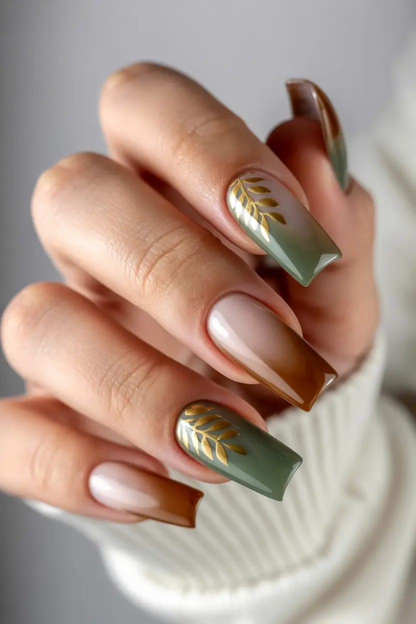 Trendy Fall Green Nail Designs 2025 Green and Gold Autumn French