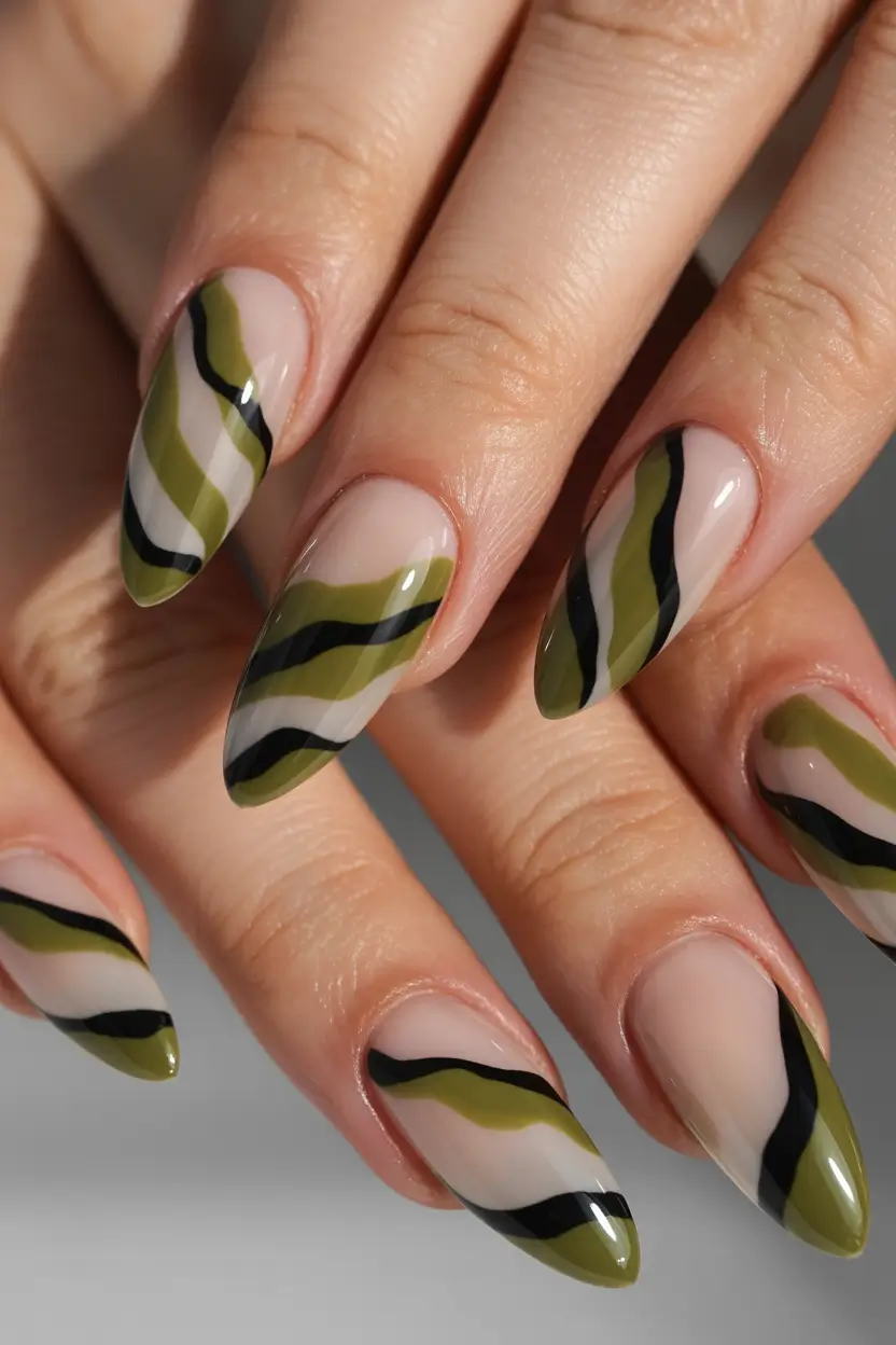 Trendy Fall Green Nail Designs 2025 Olive Wave Stripes