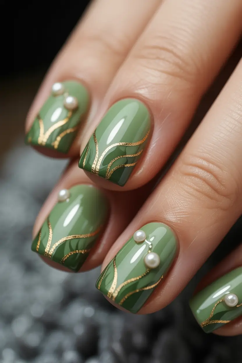 Trendy Fall Green Nail Designs 2025 Pearl and Gold Elegance