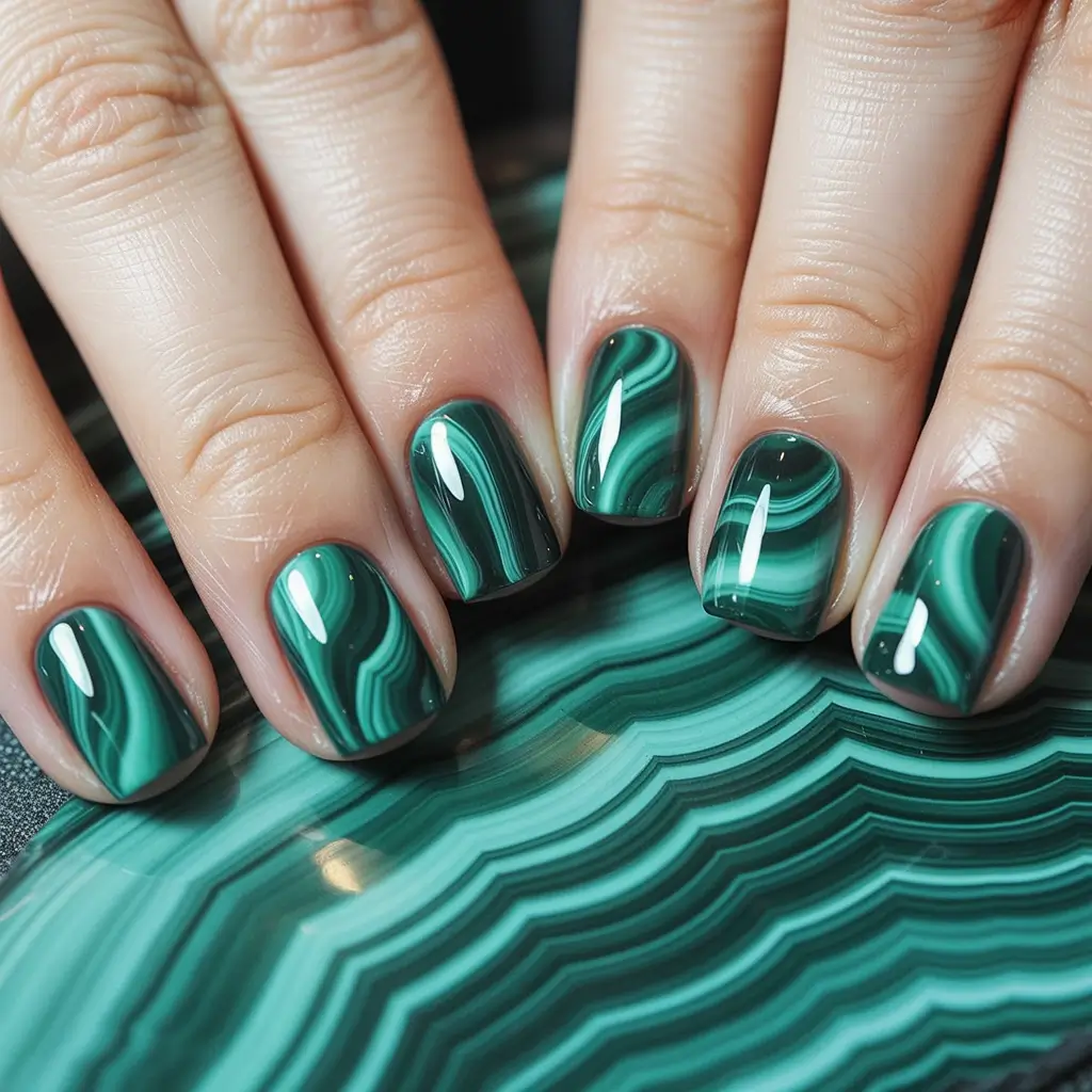 Trendy Fall Green Nail Designs 2025 Polished Malachite Square