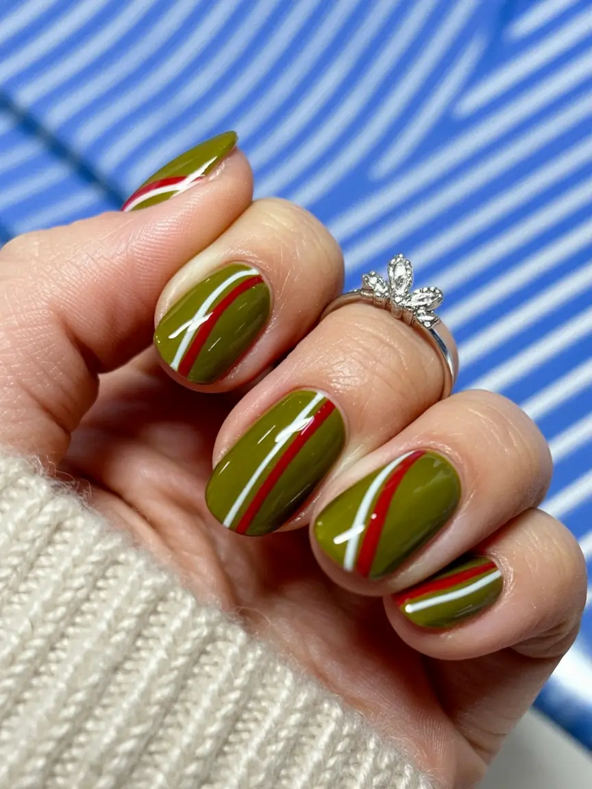 Trendy Fall Green Nail Designs 2025 Striped Olive Twist