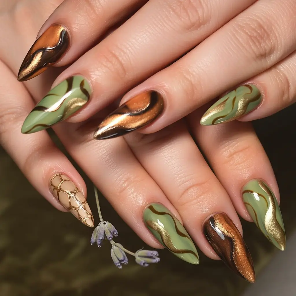 Trendy Fall Green Nail Designs 2025 Autumn Copper Waves